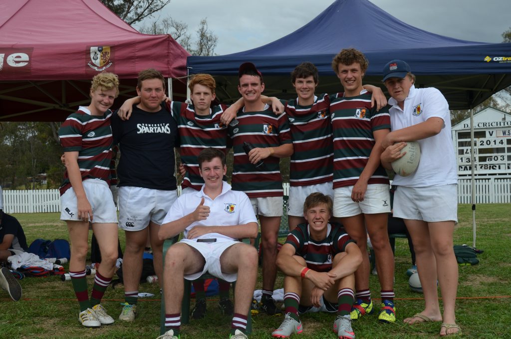 Scots PGC players Angus Randall and Will Dearden (front row), and Alex Seely, Tim Allport, Bill Lambley, Khan Ladbrook, Angus Brennand, Kieran Fender and William Malone.